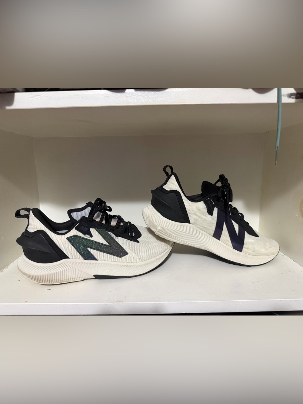 New Balance White and Black Sneakers with Dark Green & Navy N Logos